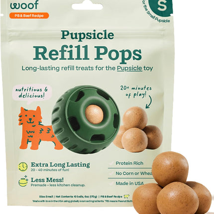 WOOF Pupsicle Refill Pops - Low-Mess Dog Snacks - with Peanut Butter and Beef - Dog Treats - Long Lasting - Small Pops - 10 Count