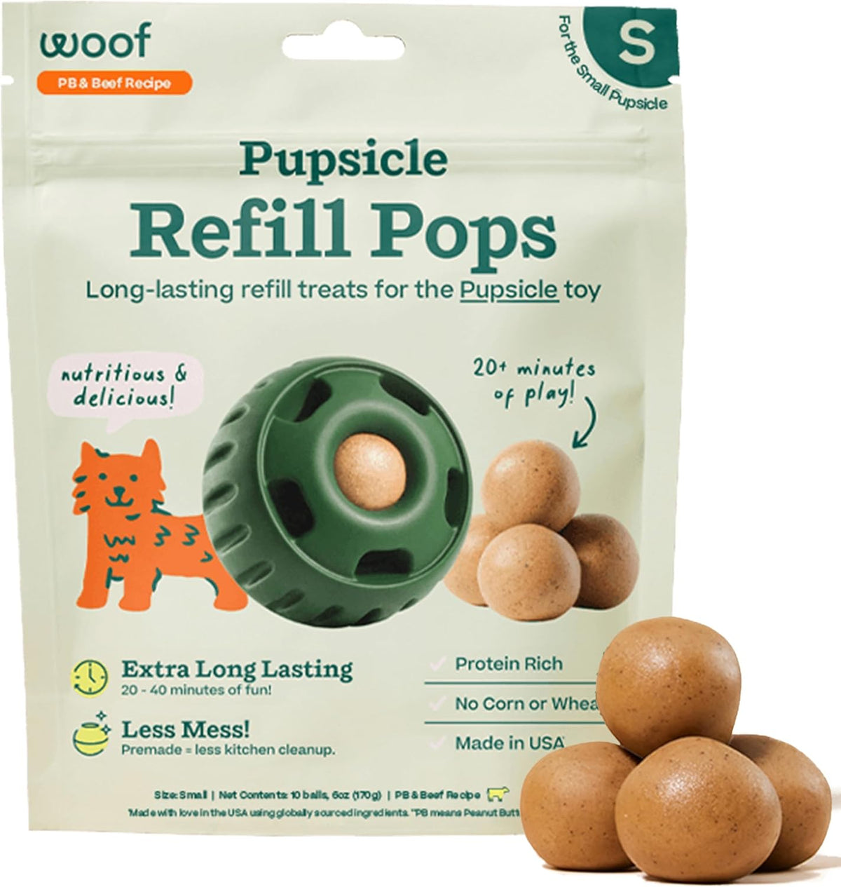Refill Pops for Pupsicle - Low-Mess Dog Snacks - with Peanut Butter and Beef - Dog Treats - Long Lasting - Small Pops 