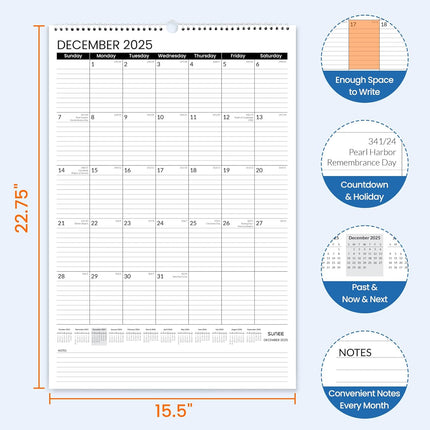 SUNEE 2026 Wall Calendar Large 22.75"x15.5", 21 Month Calendar (Ends June 2027), Vertical Extra Large Monthly Calendar 2026 for Wall, Black