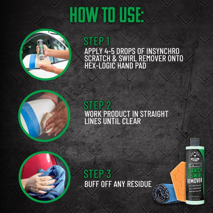 Chemical Guys Insynchro Scratch & Swirl Remover (8 oz) - Kit with Hex Logic Dual Sided Hand Polishing Pad and Monster Extreme Microfiber Towel for Paint Restoration and Gloss Enhancement