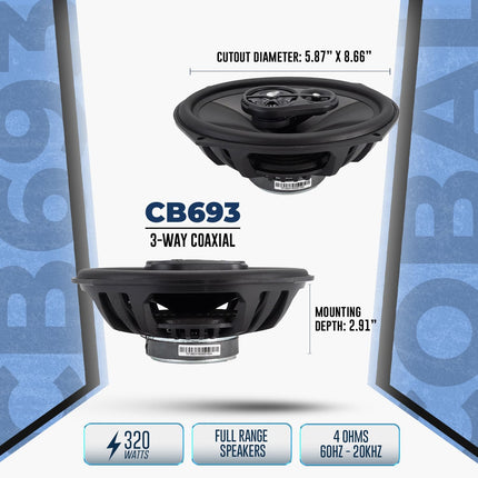 ORION Cobalt Series CB693 6x9” 3-Way Coaxial Car Speakers, 320W, 4 Ohms, Full Range, Enhanced Bass, Polypropylene Cone & Butyl Rubber Surround, Easy Install, Grills Included (Pair)