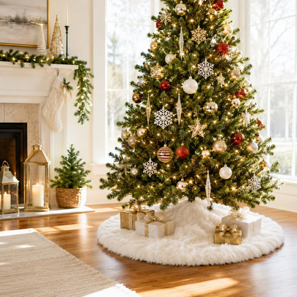 Christmas Tree Skirt, 48 Inch White Soft Faux Fur Tree Skirts Plush Christmas Decorations, White Ornaments Christmas Tree Skirts Xmas Decorations Indoor Holiday Party Decor