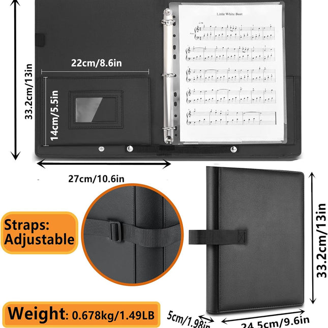 PU Leather Choir Music Folder, 3 Ring Black Binder with Adjustable