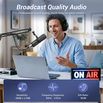 TONOR Dynamic Podcast Microphone for Studio, Cardioid XLR/USB Mic, AI Noise Cancellation, Tap Mute, 3.5mm Headphone Jack for Monitoring, Volume Control, Microfono with Boom Arm, Black, TD510 AIR H+