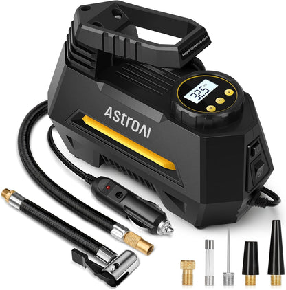 Portable 12V DC Tire Inflator Air Compressor with Digital Gauge and LED Light, Yellow