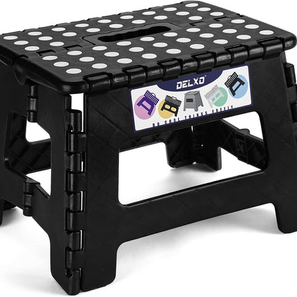 Delxo 9 Inch Folding Step Stool, Black Step Stools for Kids Foldable,Portable Collapsible Step Stool with Handle, Folding Stool for Kitchen Bathroom,Bedroom,Garden