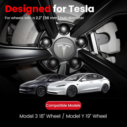 4 Pack Car Wheel Center Hub Cap Kit with 22 Lug Nut Covers, 2.2 in (56mm) Wheel Rim Covers Center Hubcaps with Emblem for Model 3 / Model Y, Gray & Silver Exterior Decoration for Tesla