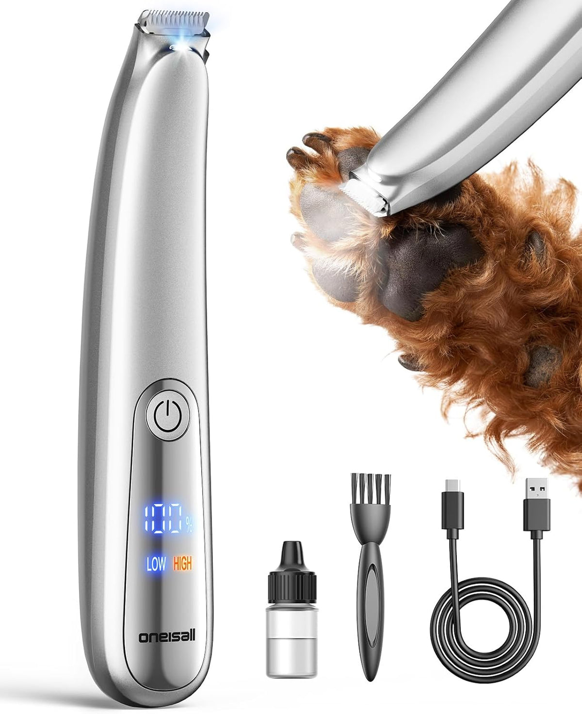 Dog Paw Trimmer, 2-Speed Low-Noise Cordless Pet Grooming Clipper with LED Light