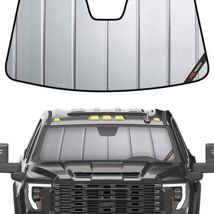 Windshield Sun Shade for Chevy Silverado & GMC Sierra 1500/2500/3500 2019-2026 (WT, Custom, Pro Trims) - Fits All Trims 2019-2021, Non-HUD Models Only, Premium Grey Leather Finish