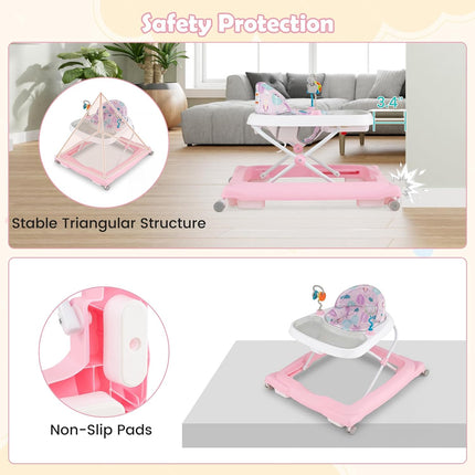 BABY JOY Baby Walker, Foldable Activity Walker with Adjustable Height, Large Tray & Removable Toys, Baby Walker with Wheels for Boys Girls 6-12 Months (Pink)