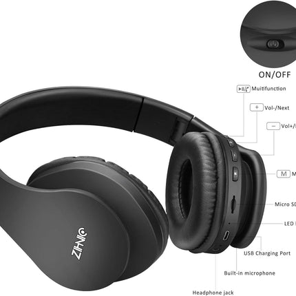 ZIHNIC Bluetooth Headphones Over-Ear, Foldable Wireless and Wired Stereo Headset Micro SD/TF, FM for Cell Phone,PC,Soft Earmuffs &Light Weight for Prolonged Wearing (Black)