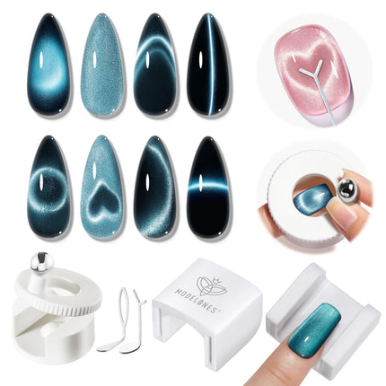 Modelones 5D Automatic Cat Eye Magnet for Nails, 5Pcs Circle Nail Magnet Tool for Cat Eye Gel Polish, 360 Rotating Cat Eye Magnet Tool, U-Shaped&Ball Magnet&Hole&Heart Magnets for Glass Bead Nail Art