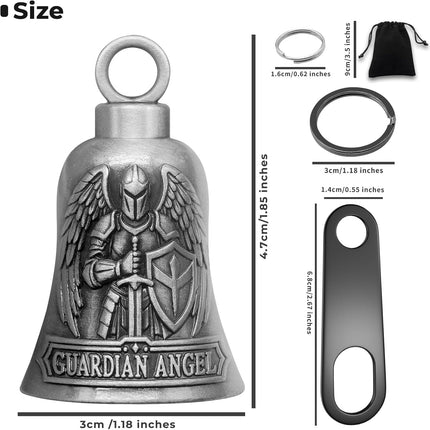 St. Michael Motorcycle Bell Guardian Angel Gremlin Biker Bells for Luck with Motorcycle Bell Hanger, 2 Key Chain Ring Accessories, Velvet Pouch