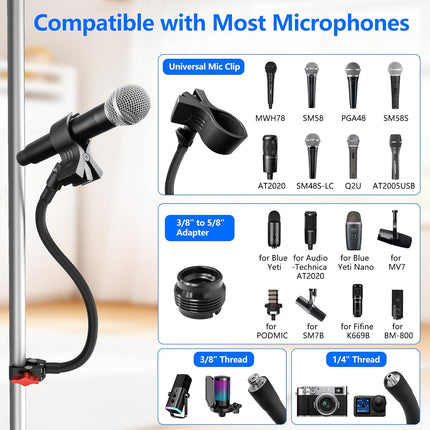Gooseneck Microphone Stand, 19.69" Adjustable Mic Clip with 3/8" to 5/8" Adapter, Heavy Duty Metal Super Crab Desk & Pole Clamp Mic Holder Compatible with Shure/Fifine/AT2020/Pyle/Blue Snowball/Razer