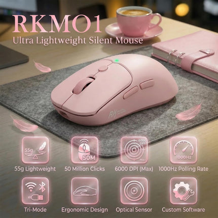 RK ROYAL KLUDGE MO1 Wireless Mouse, 55g Ultra-Lightweight Computer Mice, 6 Programmable Buttons, 2.4GHz/Bluetooth/Wired, 6000 DPI Optical Sensor, Pink