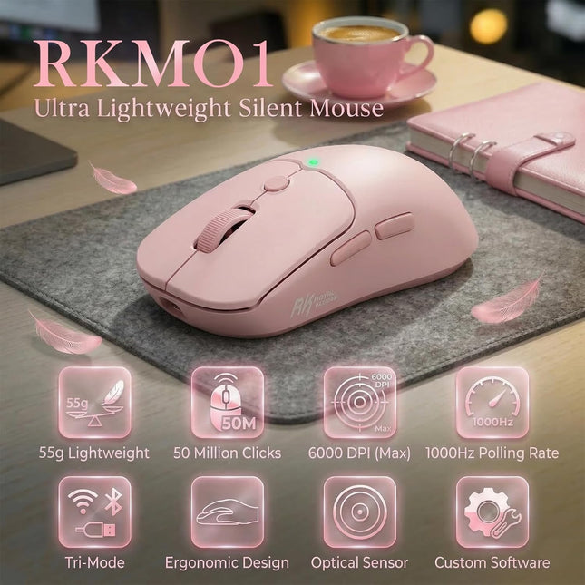 Wireless Mouse, 55g Ultra-Lightweight Computer Mice, 6 Programmable Buttons, 2.4GHz/Bluetooth/Wired, 6000 DPI Optical Sensor, Pink