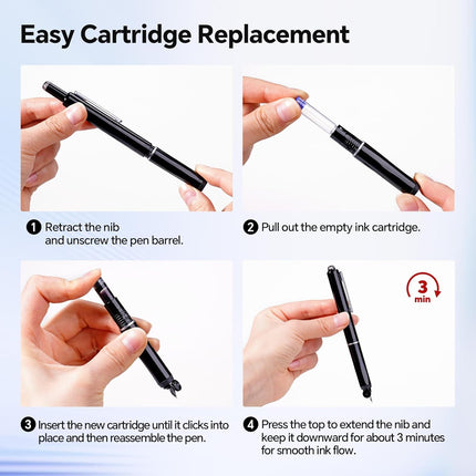 WRITECH Retractable Fountain Pen Set: Fine Nib Black Ink Pens Includes 5 Ink Cartridges Smooth Writing for Sketching Journaling Calligraphy Gift (Black)