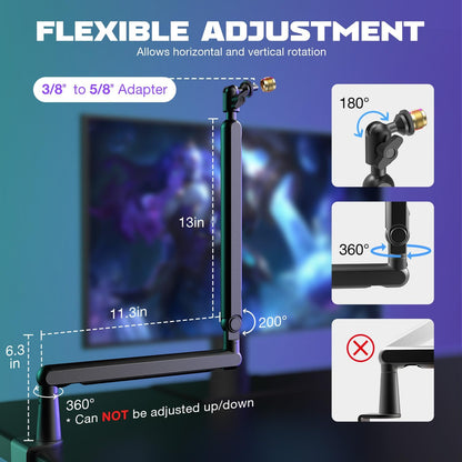 Microphone Boom Arm, Low Profile Adjustable Stick Microphone Arm Stand with Desk Mount Clamp, Screw - photo 5