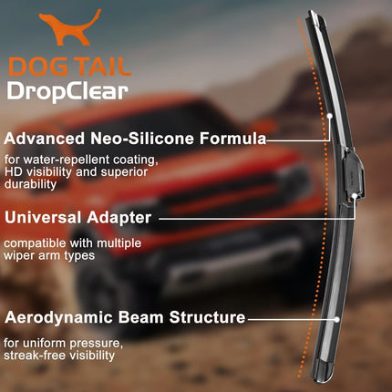 DOG TAIL Water Repellent Silicone Wiper Blades 22 inch (2 Pack) with Multiple Adapters and 2 Refills, Automotive Replacement Front Windshield Wiper Blades for My Car with Water Repellency DropClear