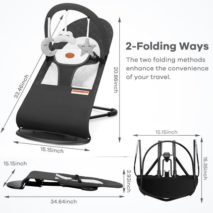 HKAI Baby Bouncer, Portable Baby Bouncer Seat for Babies 0-18 Months, 100% Cotton Fabrics, 3 Modes of use with Rocker and Stationary Options, Infant Rocker Chair with Hanging Toys-Dark Grey