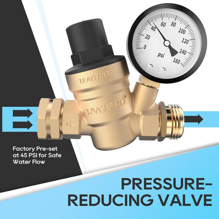 RVGUARD RV Water Pressure Regulator Valve, Lead-Free Brass Adjustable Water Pressure Reducer with Gauge and Inlet Screen Filter for RV Camper Travel Trailer