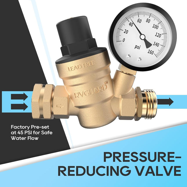 RV Water Pressure Regulator Valve, Lead-Free Brass Adjustable Water Pressure Reducer with Gauge and Inlet Screen Filter for RV Camper Travel Trailer