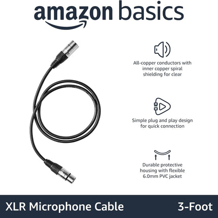 Amazon Basics 2-Pack XLR Microphone Cable for Speaker or PA System, All Copper Conductors, 6MM PVC Jacket, 3 Foot, Black