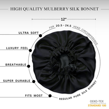 Nochka Fashion 100% Pure Silk Bonnet for Sleeping Women - Reversible Mulberry Silk Hair Wrap - Satin Sleep Bonnet for Black Women - Head Wrap for Sleeping - Made in USA (Black)