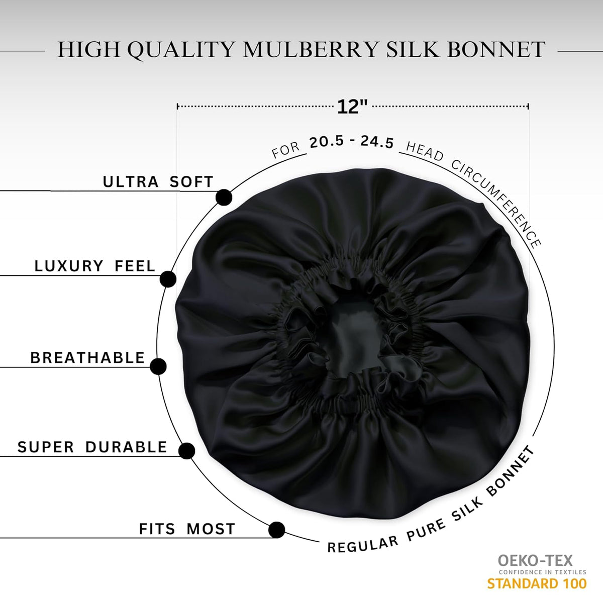 Silk Sleep Bonnet for Women, 100% Mulberry Silk, 19 Momme, Reversible, Black - photo 5