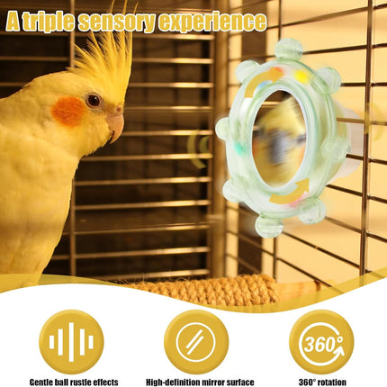 2pcs Bird Mirror Toy for Cage, Rotating Bird Cage Mirror with Rustling Balls Embedded Interactive Birdcage Pet Accessories for Parakeet Budgie Lovebird Canaries Conures Perch Cockatiels