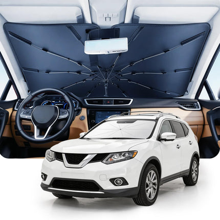 Umbrella Windshield Sun Shade for Car & SUV, Car Sunshade for Front Windshield [Nano Ice-Crystal Coatings] UPF50+ Heat & UV Block, Protect Interior & Keep Cooler Universal for Most of Sedan & SUV