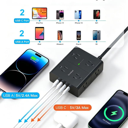 One Beat Surge Protector Power Strip, 6 Ft Ultra Thin Flat Extension Cord with 8 Outlets 4 USB Ports(2 USB C), Flat Plug Power Strip, White Power Strip for Home, Office, Dorm Room Essentials, Black