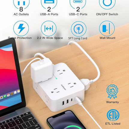 Power Strips with Surge Protection - HANYCONY 8 Widely Outlets with 4 USB Ports (2 USB C), 3-Side Outlet Extender Strip, 5 Ft Extension Cord, Ideal for Home Office College Dorm Room Essentials