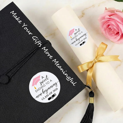 120 Pack Class of 2026 Graduation Stickers, A Sweet Ending to a New Beginning Round Thank You & Invitation Seals for Envelopes, Graduation Party Favor Decorations, Pink, 1.6 Inch