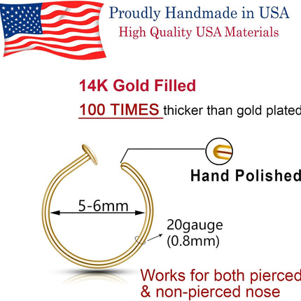 LUCKYJEWUS Small Thin Gold Nose Ring Hoop for Women, 14k Gold Filled or 925 Sterling Silver - 20G/22G/24G Adjustable Nose Piercing Jewelry (5mm–6mm, 6–7mm, 7–8mm)
