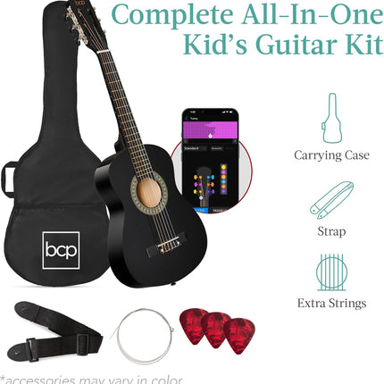 Best Choice Products 30in Kids Acoustic Guitar, All-in-One Beginner Starter Kit w/Strap, Case, Extra Strings, Rosette Inlay - Black