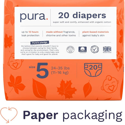 Pura Size 5 Eco-Friendly Diapers (24-35 lbs) Totally Chlorine Free (TCF), Hypoallergenic, Soft Organic Cotton, Sustainable, up to 12 Hours Leak Protection, Allergy UK, 6 Packs of 20 (120 Diapers)