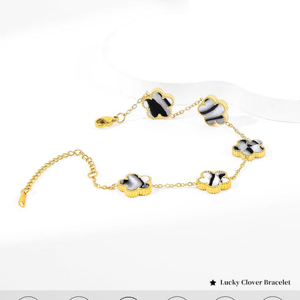 Four Leaf Clover Bracelet for Women 18K Gold Plated Stainless Steel Lucky 4 Leaf Chain Link Adjustable Bracelets Jewelry Gift for Women/White/Black Bracelets (Gold Clover Bracelet/White)