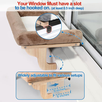 Zakkart Cat Perch for Window Sill with Bolster - Orthopedic Hammock Design with Premium Hardwood & Robust Metal Frame - Cat Window Seat for Large Cats and Kittens - Natural Color Wood Gray Bed, 24''W