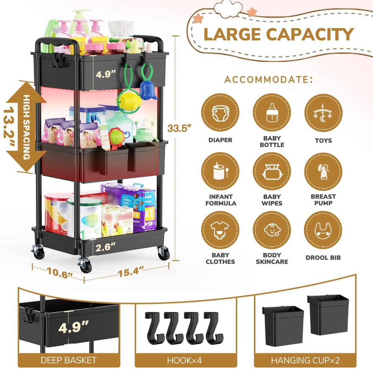 3-Tier Black Rolling Diaper Cart with Lockable Wheels - photo 4