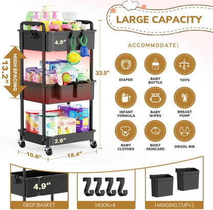 3-Tier Black Rolling Diaper Cart with Lockable Wheels - photo 4