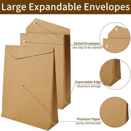 20 Pack 12.6" x 15.75" Expandable Large Kraft Envelopes, Anti Tear Catalog Mailing Envelopes with Big Hook-and-Loop Closure for Home Office Business Paper Documents Storage, Brown