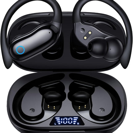 GNMN Active Noise Cancelling Ear Buds Wireless Earbuds 96hrs Playback Bluetooth Headphones Dual Battery Display Stereo Bass Earphones with Earhooks Microphone IPX7 Waterproof for Sports/Workout