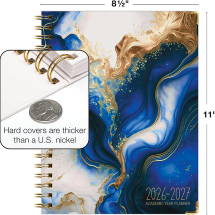 HARDCOVER Academic Year 2026-2027 Planner: 14 Months (May 2026 Through June 2027) 8.5"x 11" Daily Weekly Monthly Planner Yearly Agenda. Bookmark, Pocket Folder and Sticky Note Set (Dark Blue Marble)