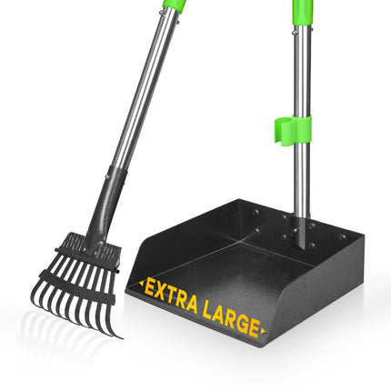 Recogedor para heces de perro con mango largo, bandeja de metal inoxidable y rastrillo para perros medianos y pequeños, suministros resistentes para usar en césped, tierra o grava