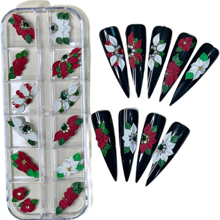 3D Acrylic Christmas Flower Nail Art Charms Handmade by Acrylic Powder - 24pcs Noel Flowers Nail Rhinestones Kit 3D Nails Design Xmas Nail Art for Women (Christmas Flowers 2-Medium & Long Size)