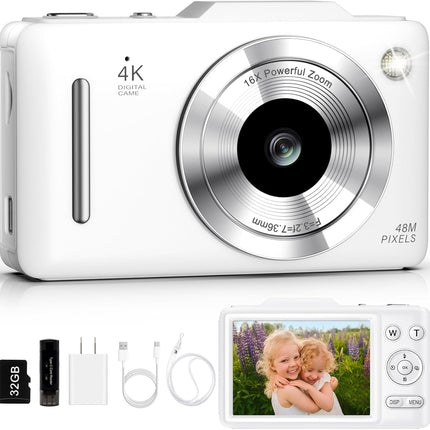 Digital Camera 4K Autofocus Vlogging Camera for Photography with 16X Zoom Anti Shake, 32GB Card, 48MP Compact Portable Point and Shoot Camera for Kids Boys Girls Teens Beginner（White）