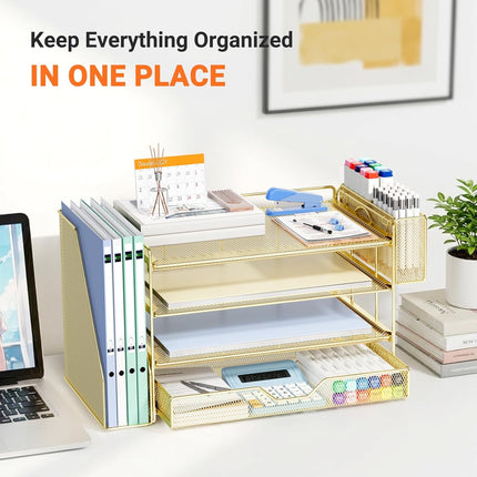 OPNICE Desk Organizers and Accessories, 4-Tier Office Desk Accessories & Workspace Organizers with Drawer and Pen Holder, Desktop Paper Tray File Organizer for Home Office Supplies, Gold