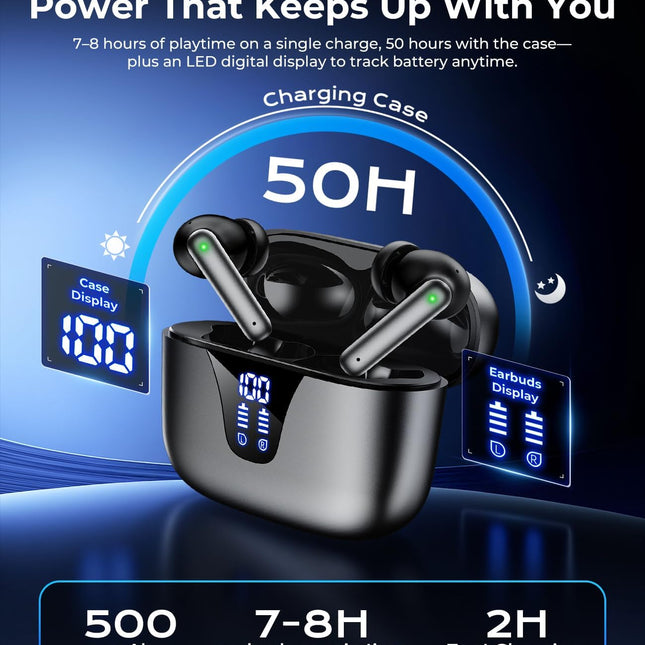 Wireless Earbuds Bluetooth Headphones, 50H Playtime Ear Buds with Mic, LED Digital Display Charging - photo 2