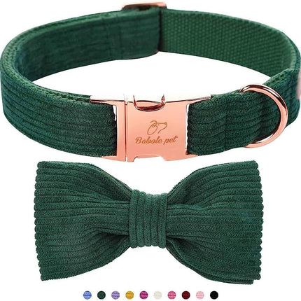 Green Dog Collars for Small Dog,Cute Corduroy Dog Collar with Bow Tie Safety Metal Buckle Adjustable Puppy Collars for Small Medium Large Boy&Girl Dogs,S-Neck 10"-16"